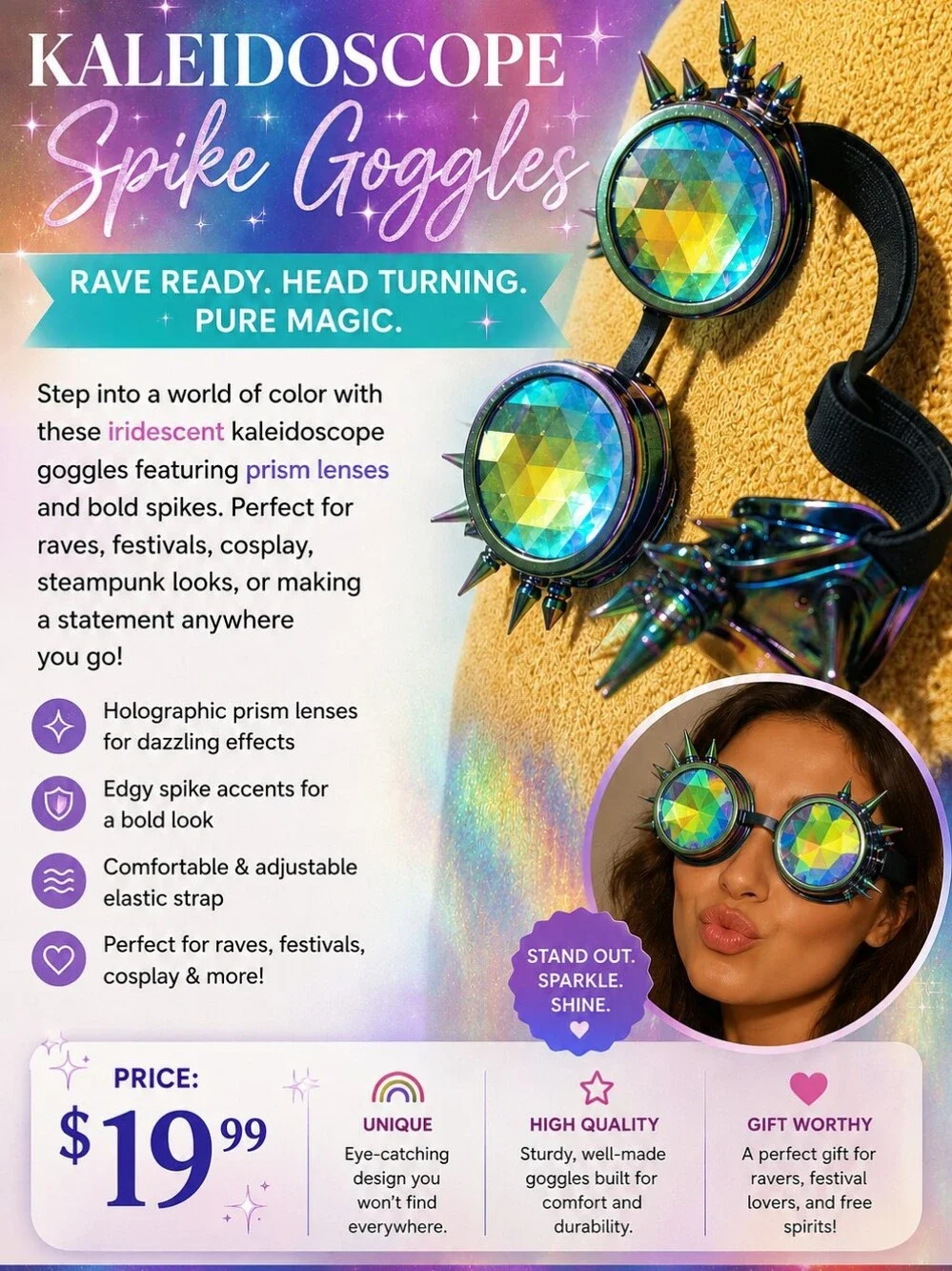 Iridescent Kaleidoscope Spike Goggles - Prism Lenses